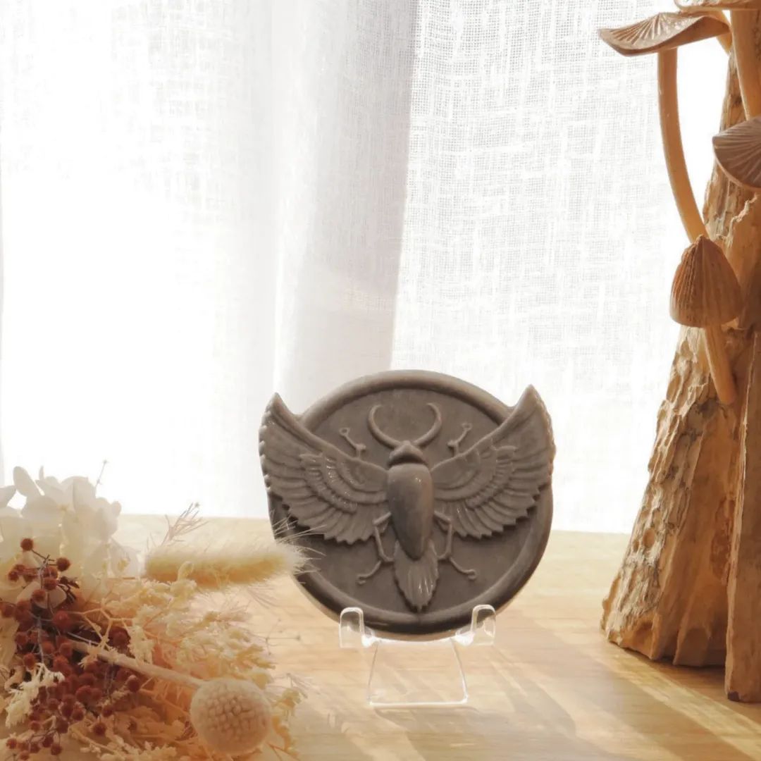 Scarab Beetle Carving Silver Obsidian + Stand