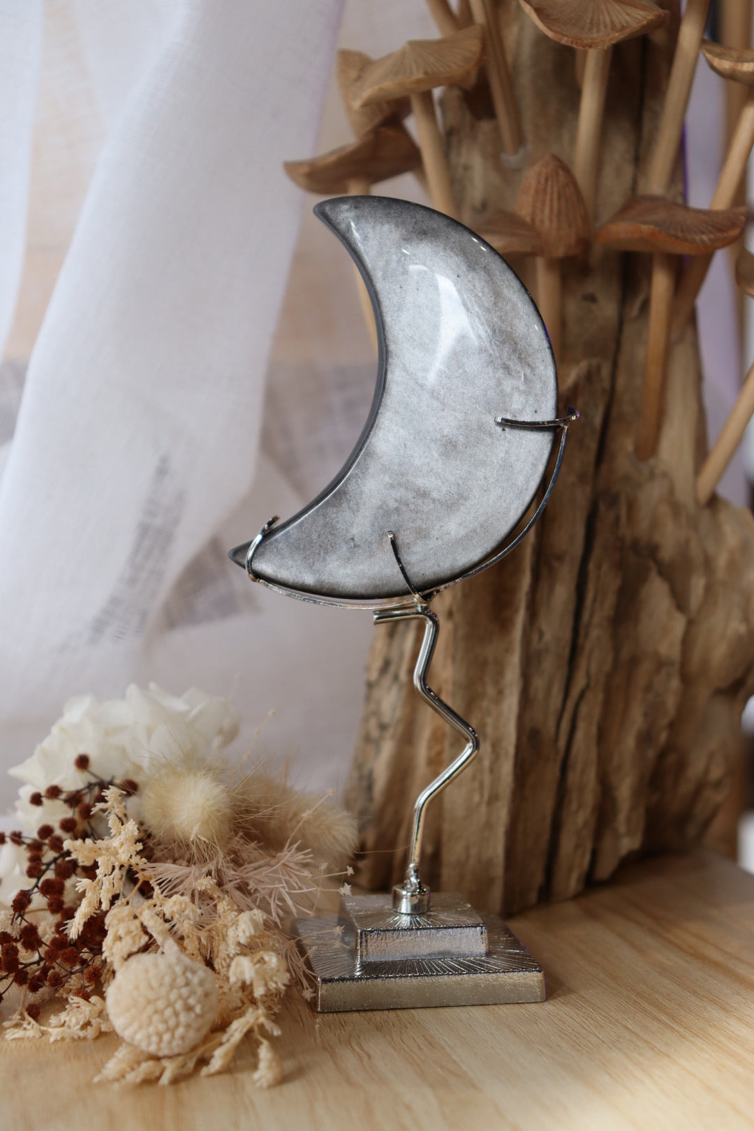 Moon Carving Silver Obsidian + Stand