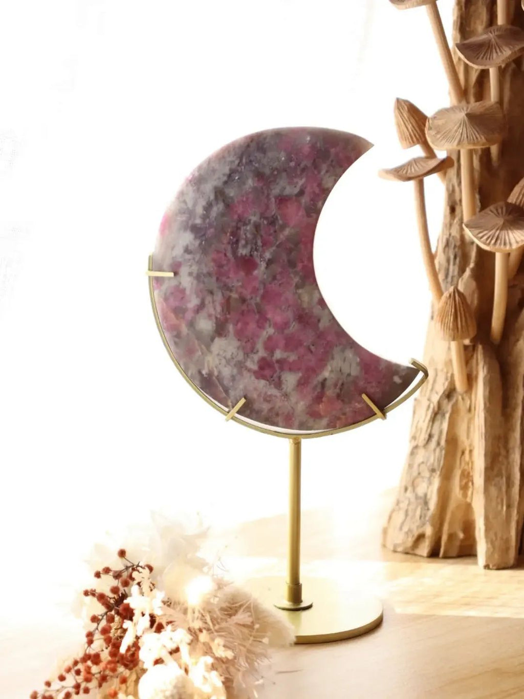 Pink Tourmaline + Lepidolite Mica Moon + Gold Metal Stand | 502g