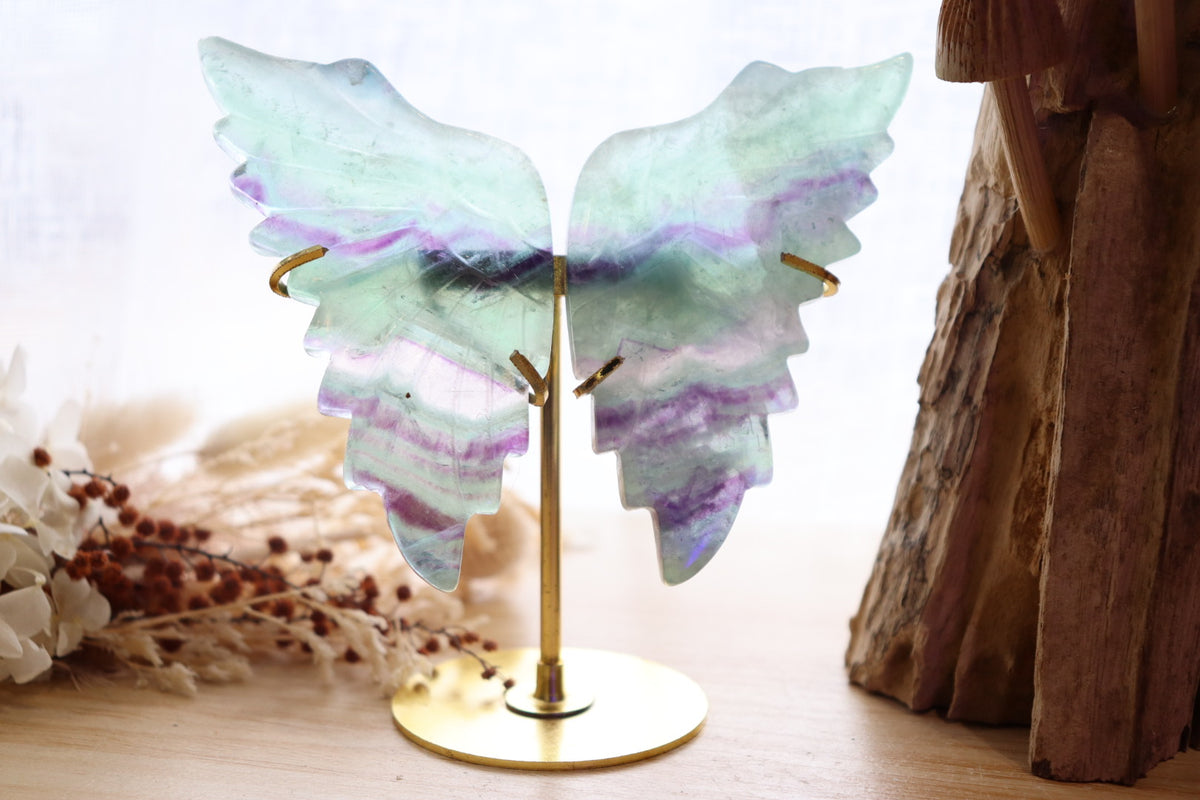 Fluorite Angel Wings | Gold Stand