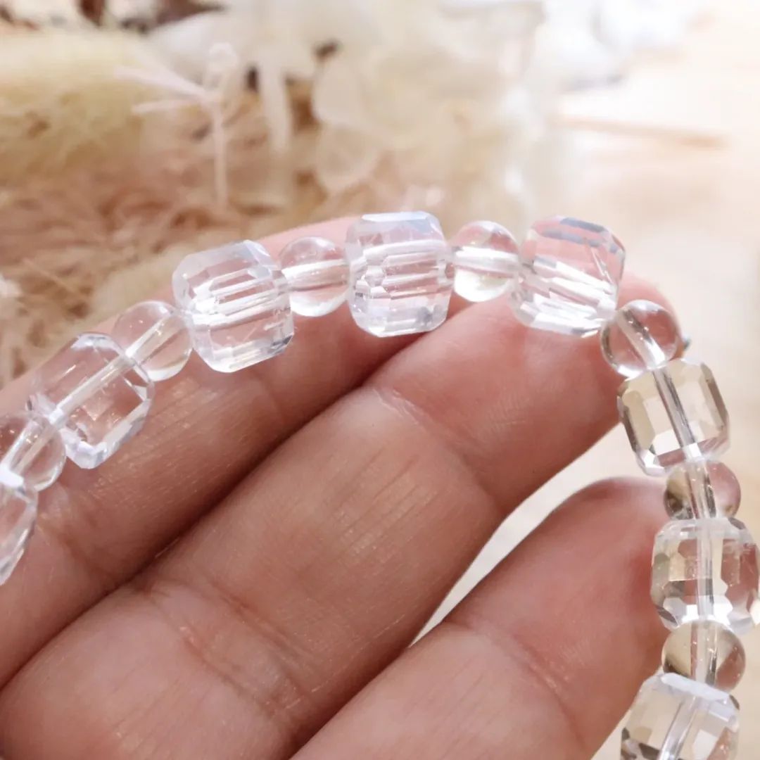 Clear Quartz Bracelet | Square Faceted & Round Bead