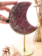 Pink Tourmaline + Lepidolite Mica Moon + Gold Metal Stand | 502g