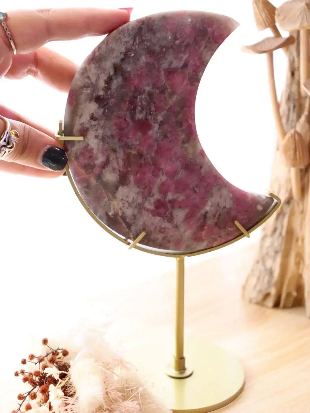 Pink Tourmaline + Lepidolite Mica Moon + Gold Metal Stand | 502g