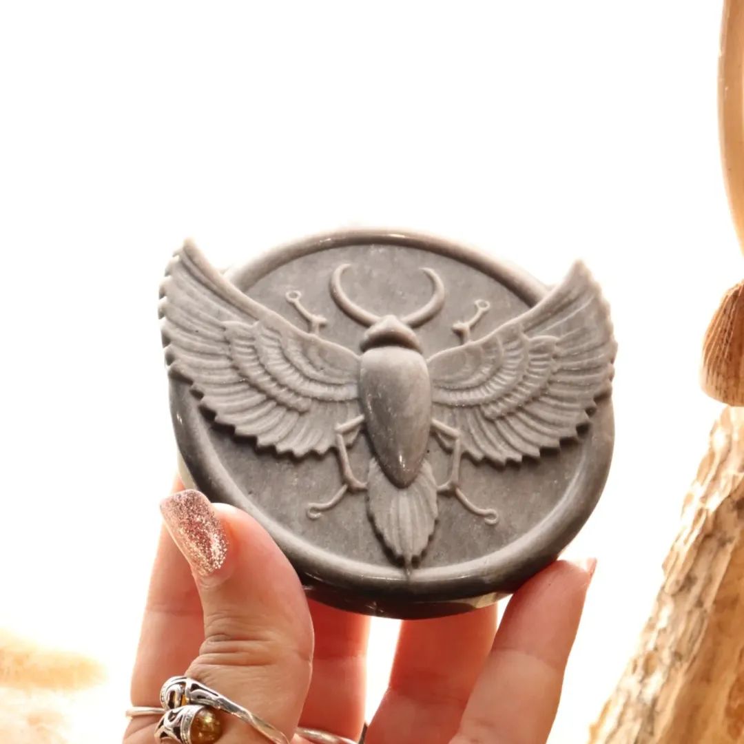 Scarab Beetle Carving Silver Obsidian + Stand