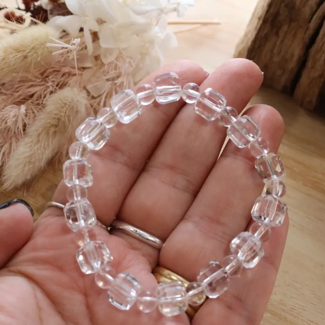Clear Quartz Bracelet | Square Faceted & Round Bead