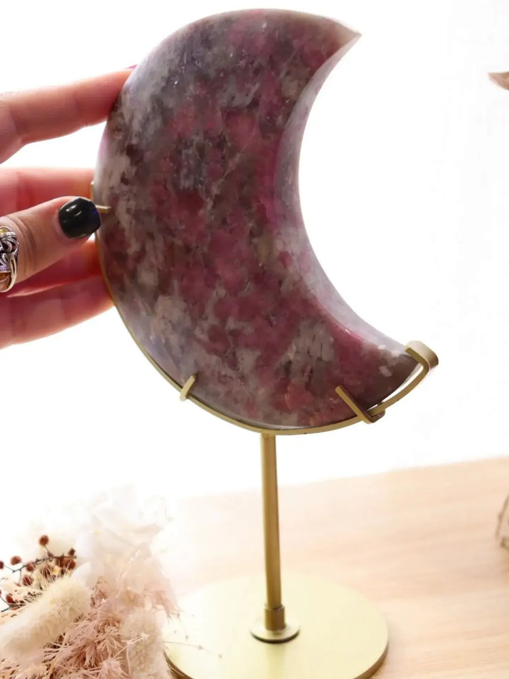 Pink Tourmaline + Lepidolite Mica Moon + Gold Metal Stand | 502g
