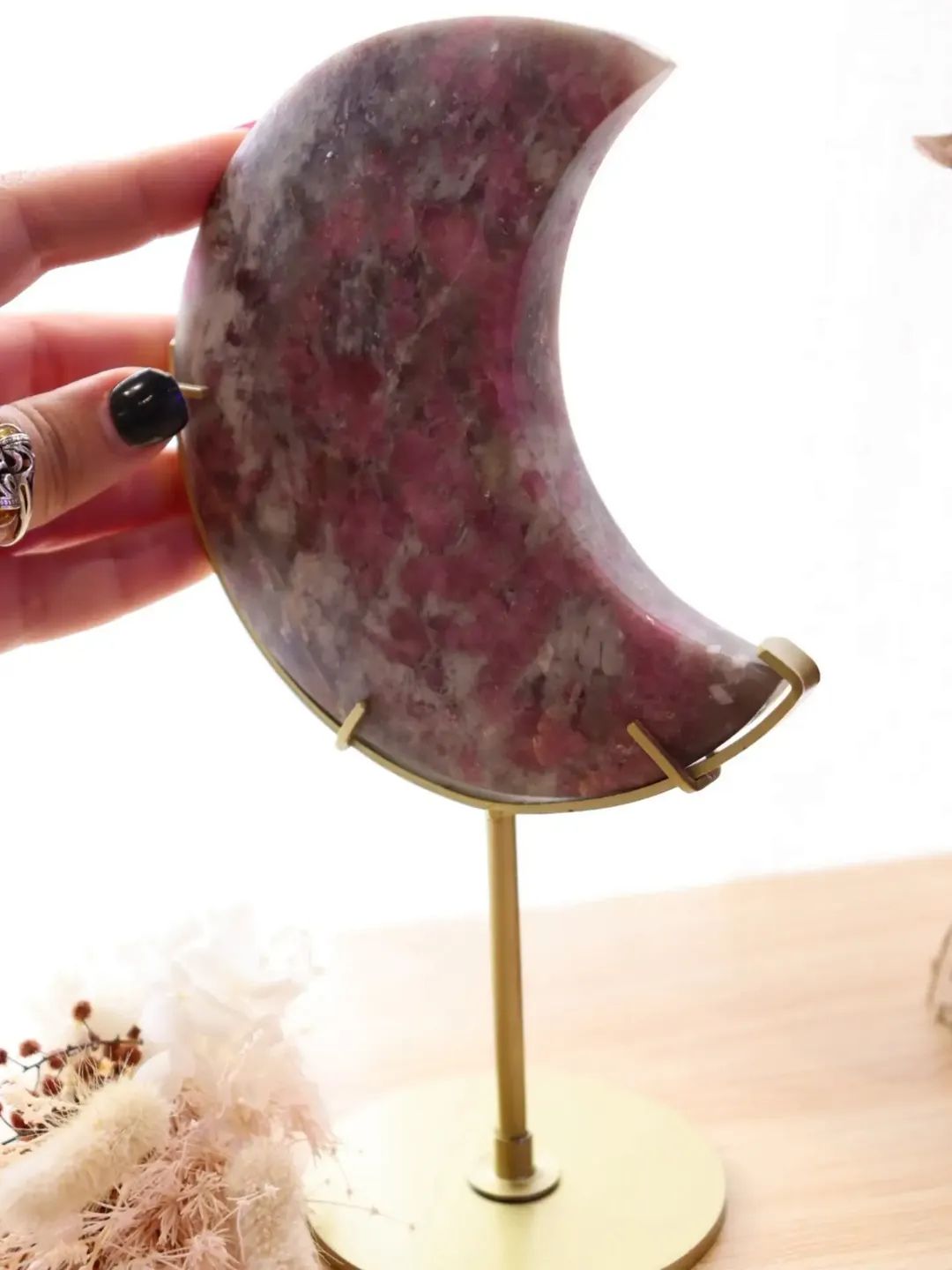 Pink Tourmaline + Lepidolite Mica Moon + Gold Metal Stand | 502g