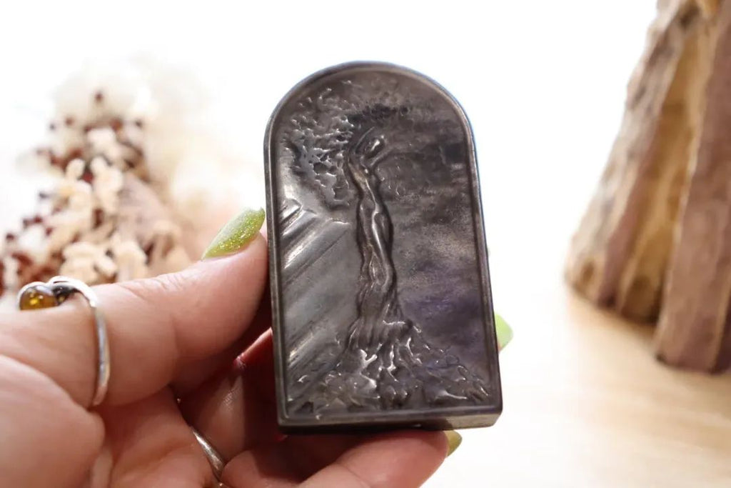 Silver Obsidian Tree of Life Carving