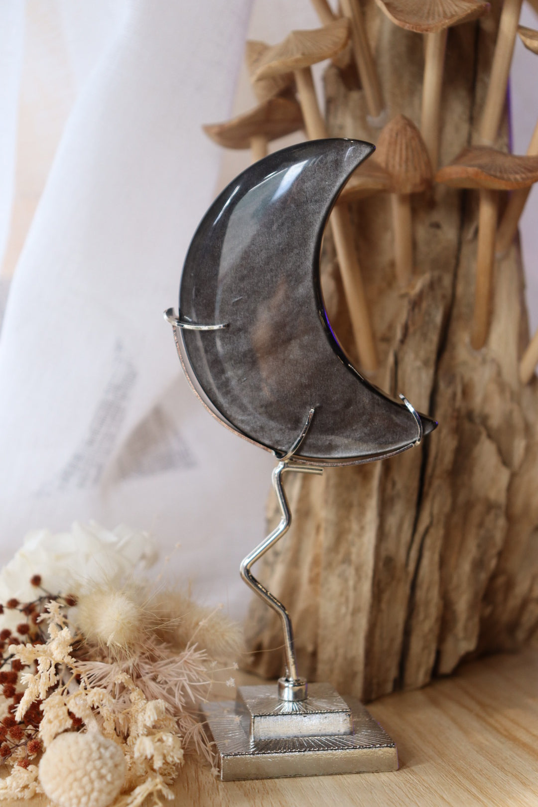 Moon Carving Silver Obsidian + Stand