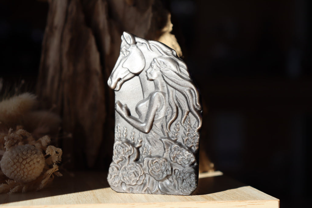 Horse + Lady Silver Obsidian Carving
