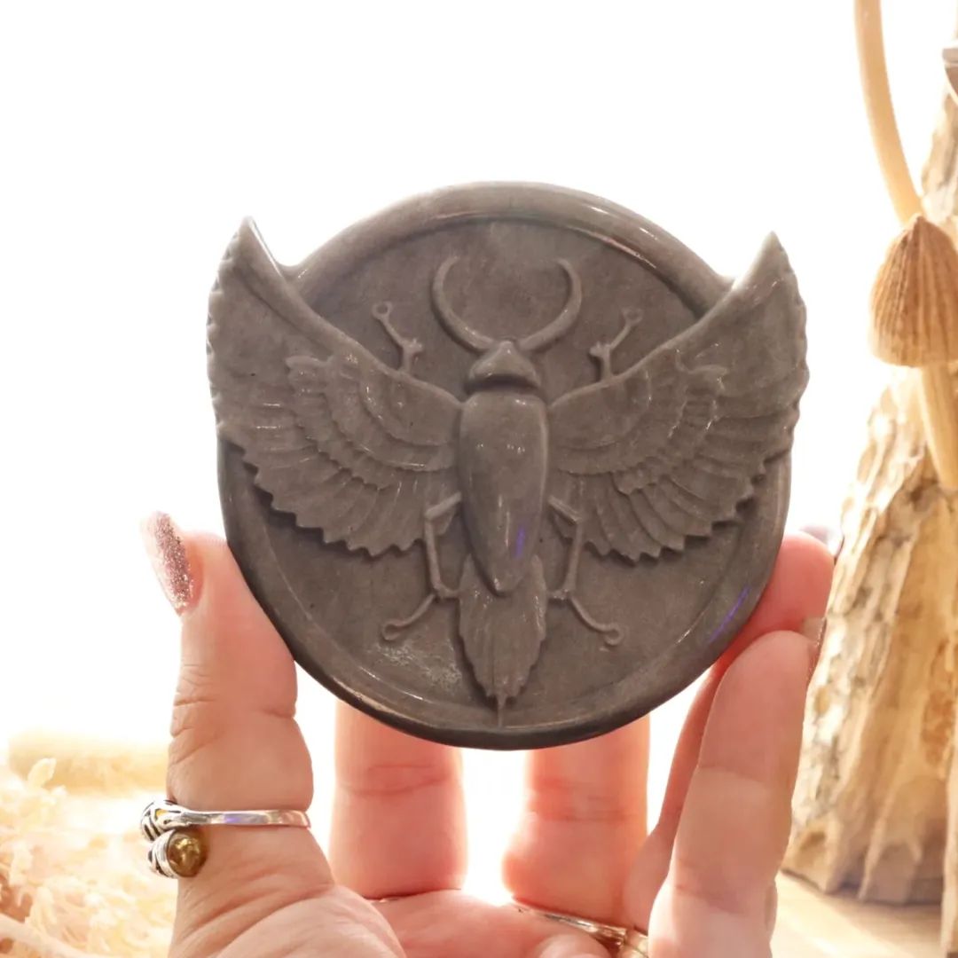 Scarab Beetle Carving Silver Obsidian + Stand