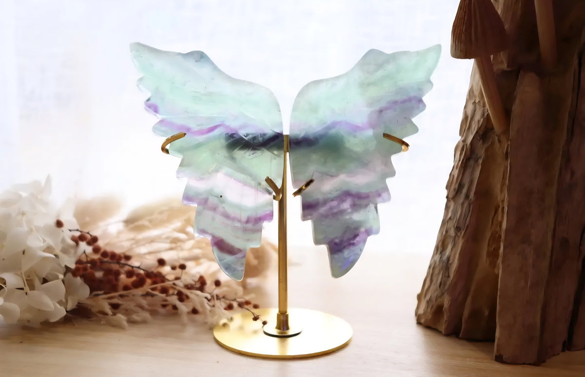 Fluorite Angel Wings | Gold Stand