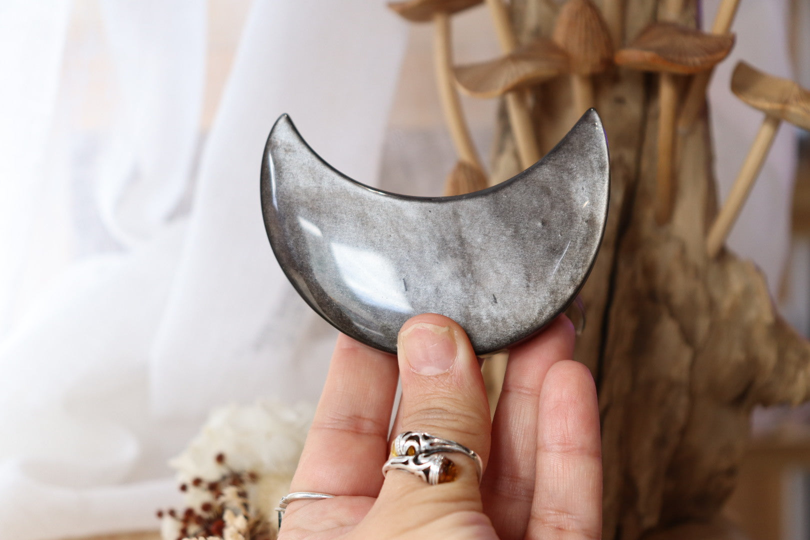 Moon Carving Silver Obsidian + Stand
