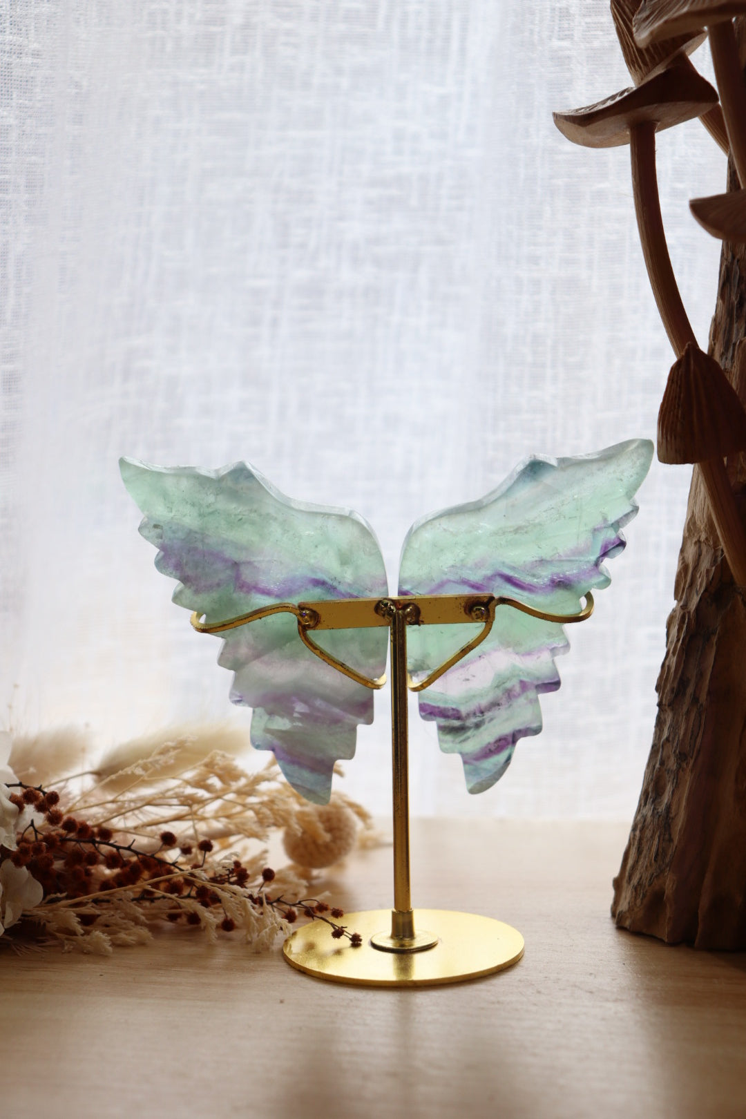 Fluorite Angel Wings | Gold Stand
