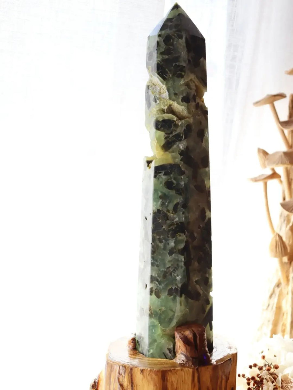 Prehnite & Epidote Inclusions Tower + Stand