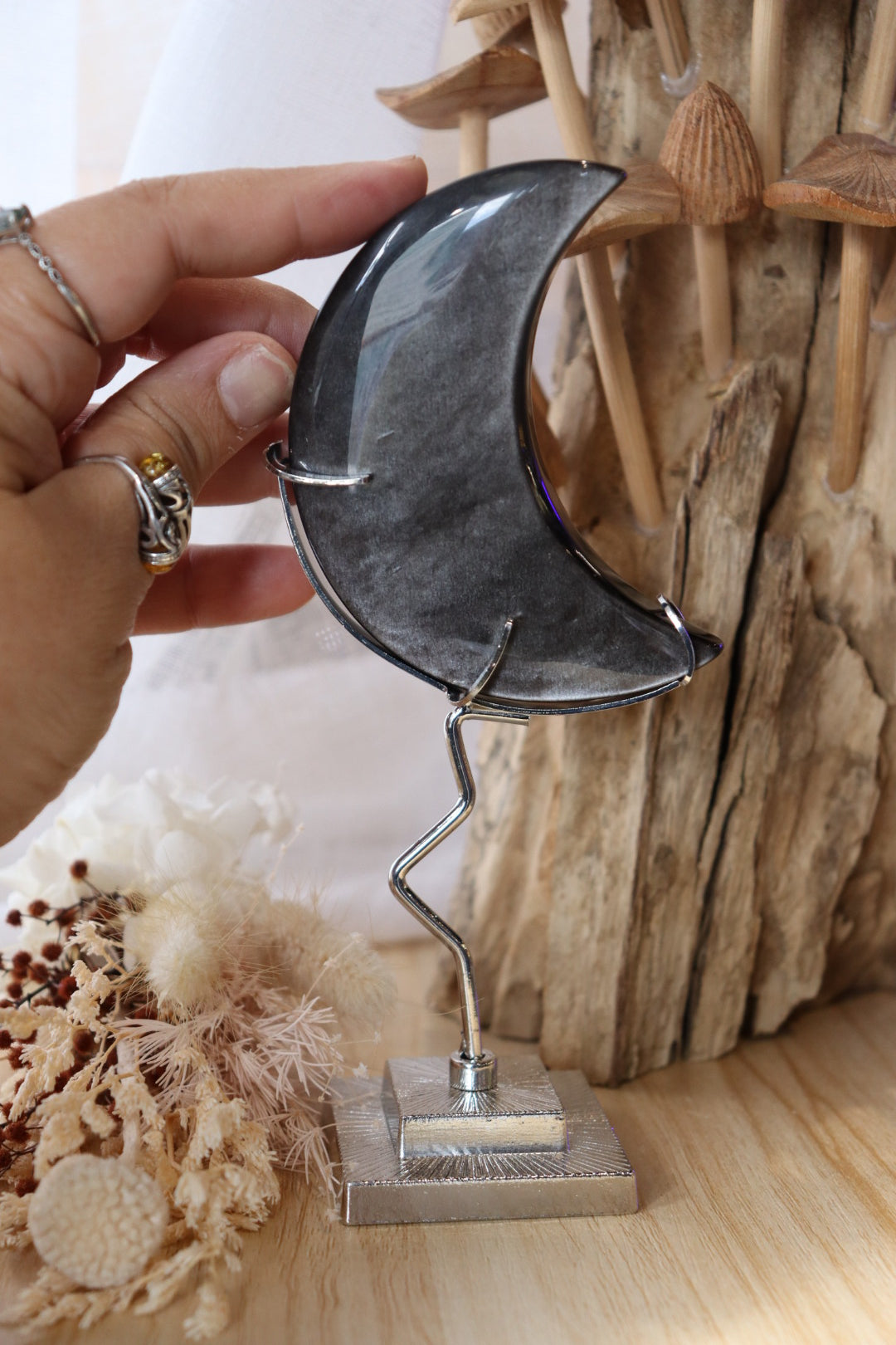 Moon Carving Silver Obsidian + Stand