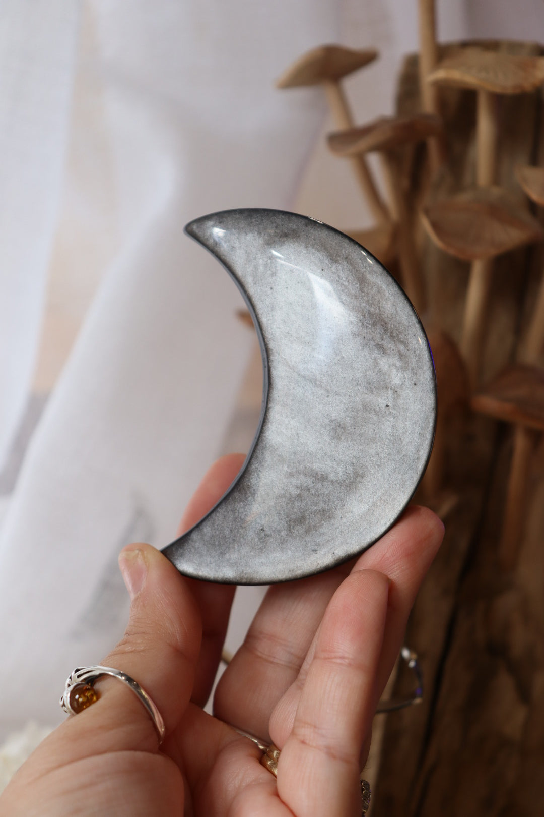 Moon Carving Silver Obsidian + Stand