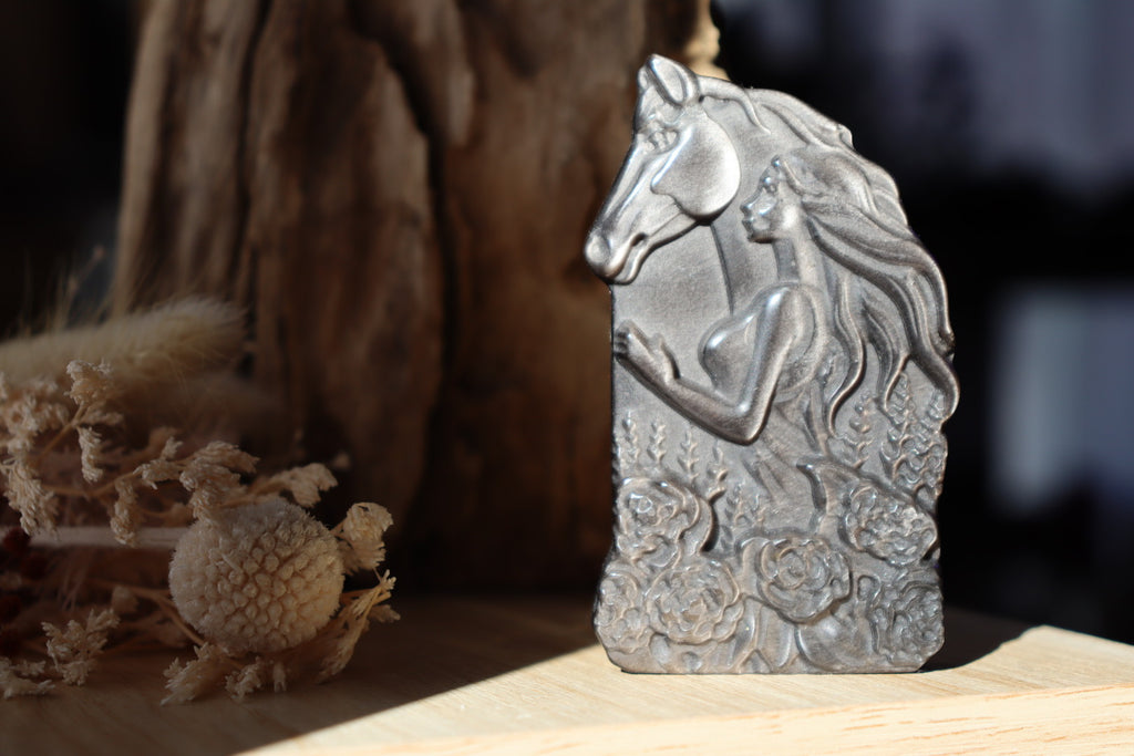 Horse + Lady Silver Obsidian Carving