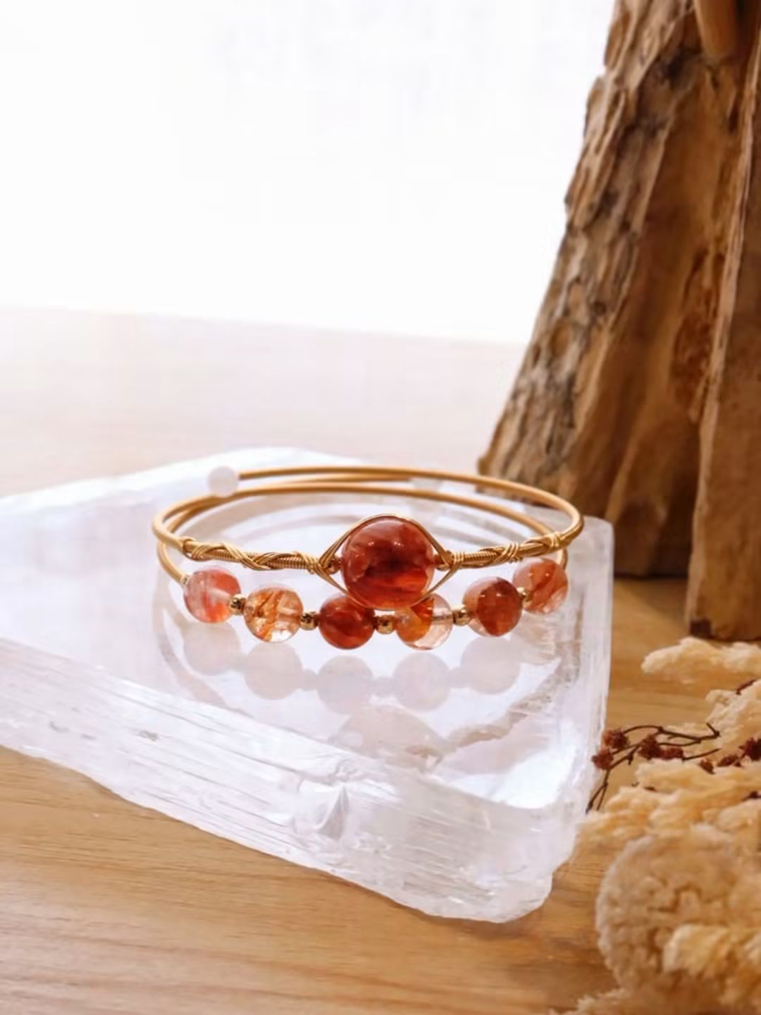Double Wrap Gold Wire Bangle | Fire Quartz
