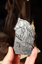 Horse + Lady Silver Obsidian Carving
