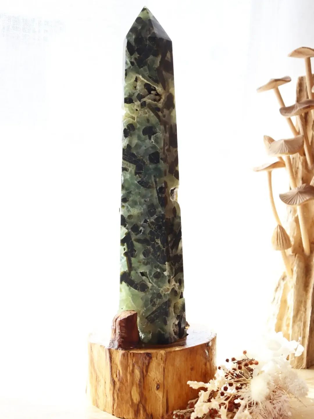Prehnite & Epidote Inclusions Tower + Stand