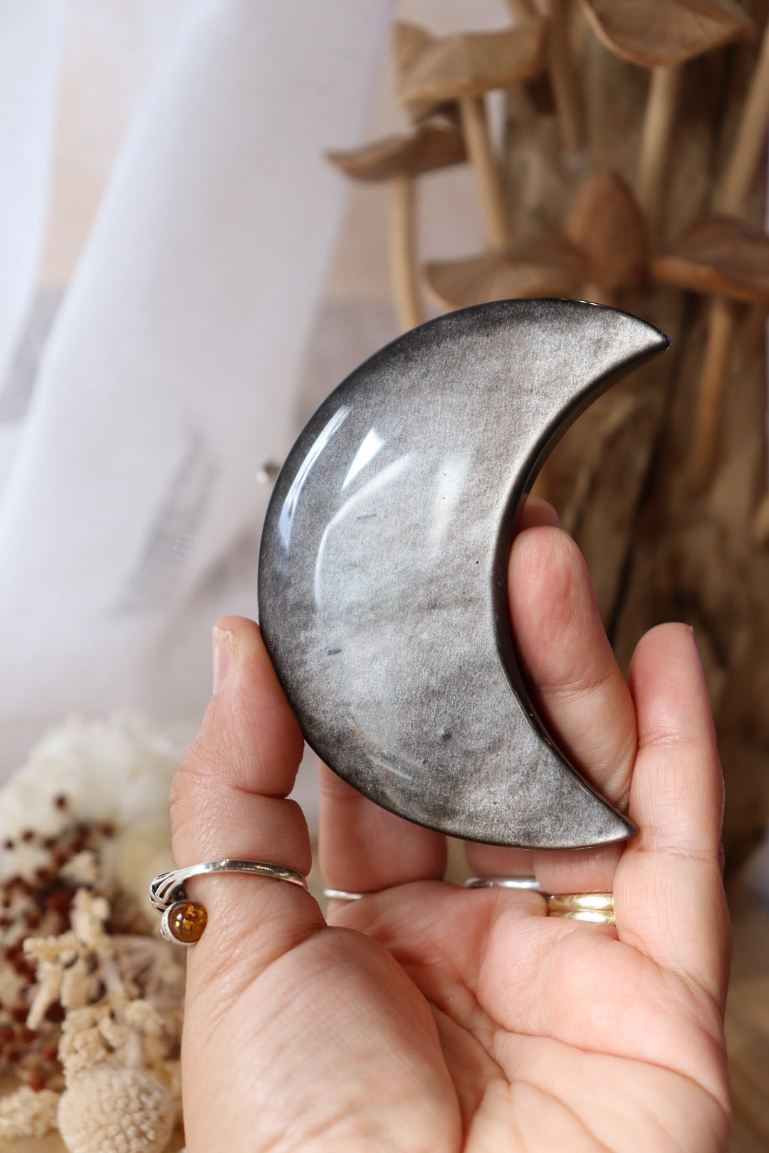 Moon Carving Silver Obsidian + Stand