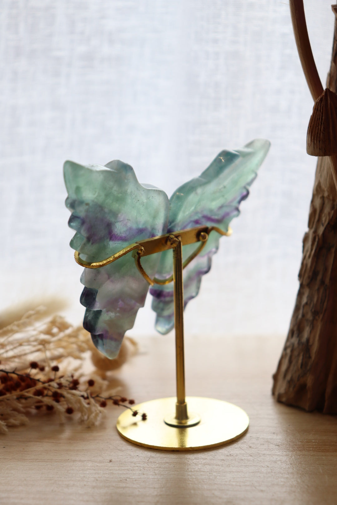 Fluorite Angel Wings | Gold Stand