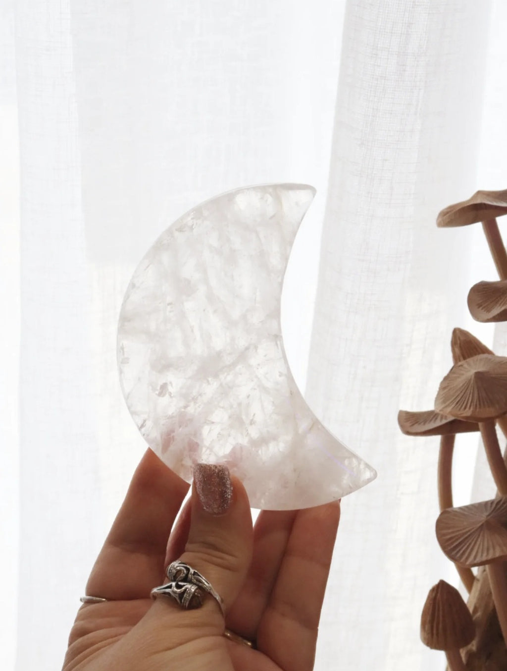 Clear Quartz Moon + Silver Metal Stand | 139g