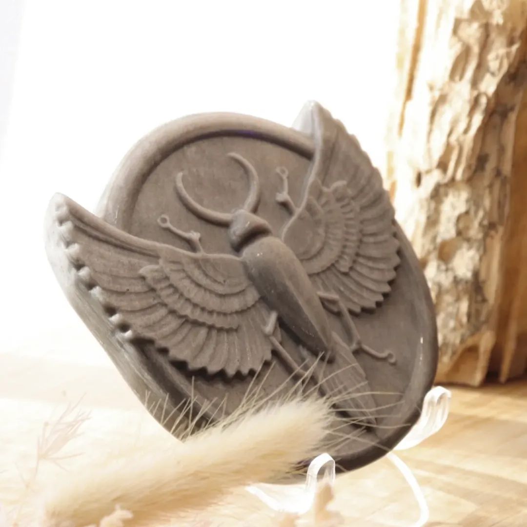 Scarab Beetle Carving Silver Obsidian + Stand