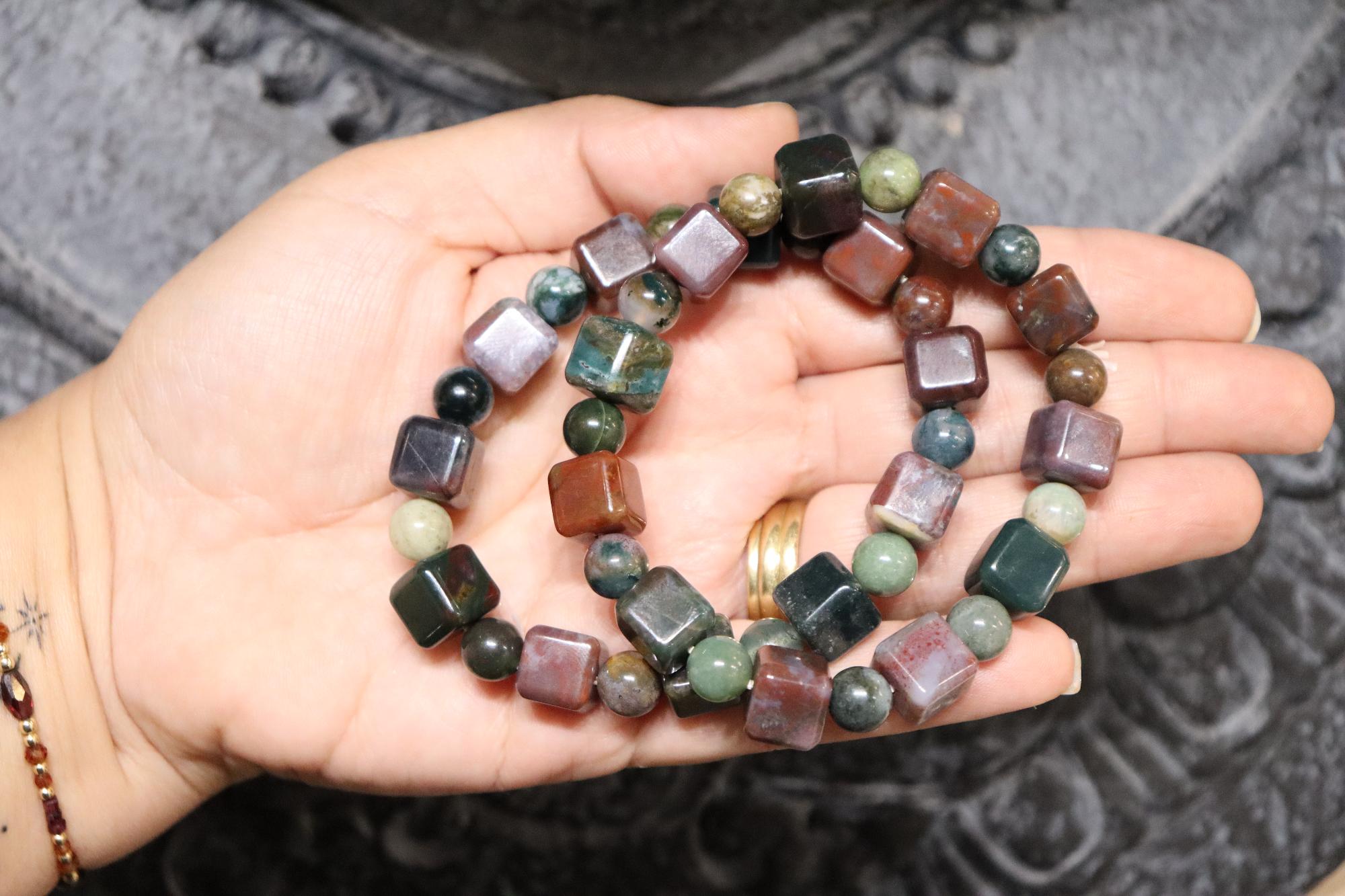 Ocean Jasper Cubed Bracelet | 8mm Round + 10mm Cube
