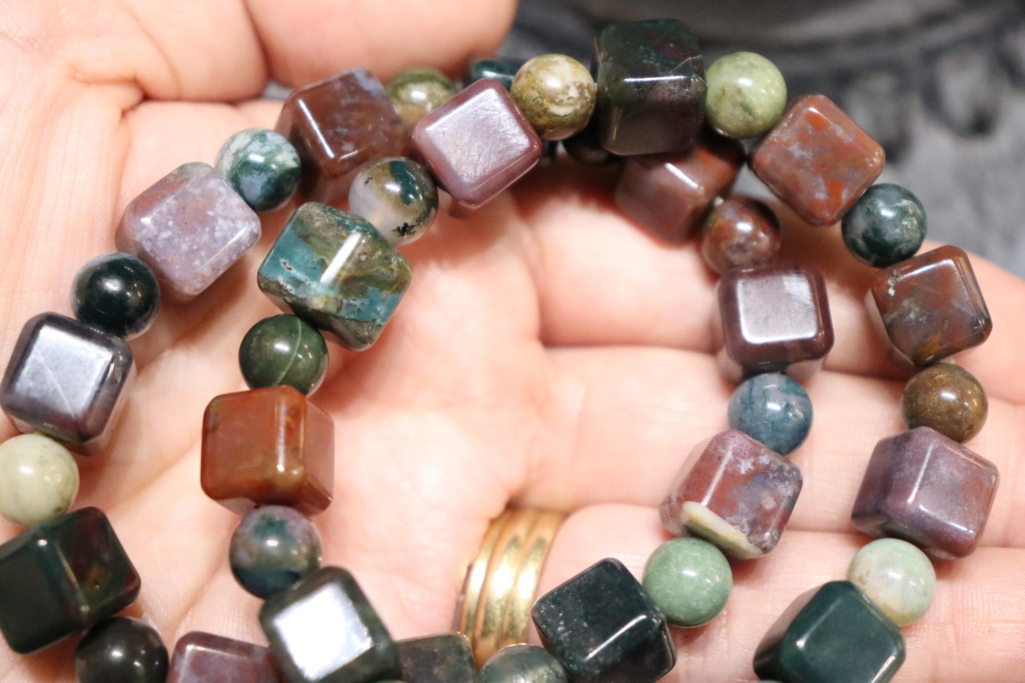 Ocean Jasper Cubed Bracelet | 8mm Round + 10mm Cube