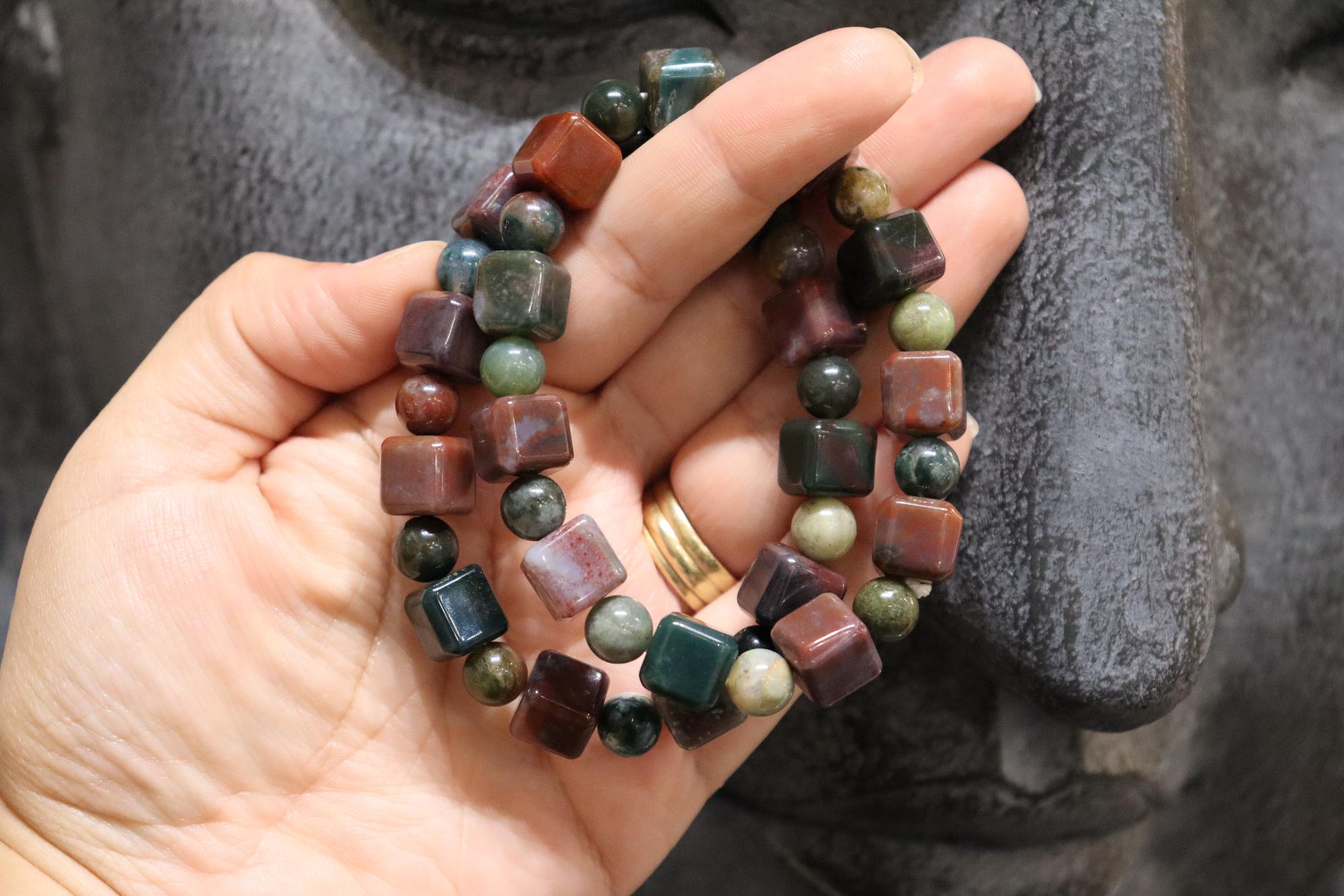 Ocean Jasper Cubed Bracelet | 8mm Round + 10mm Cube