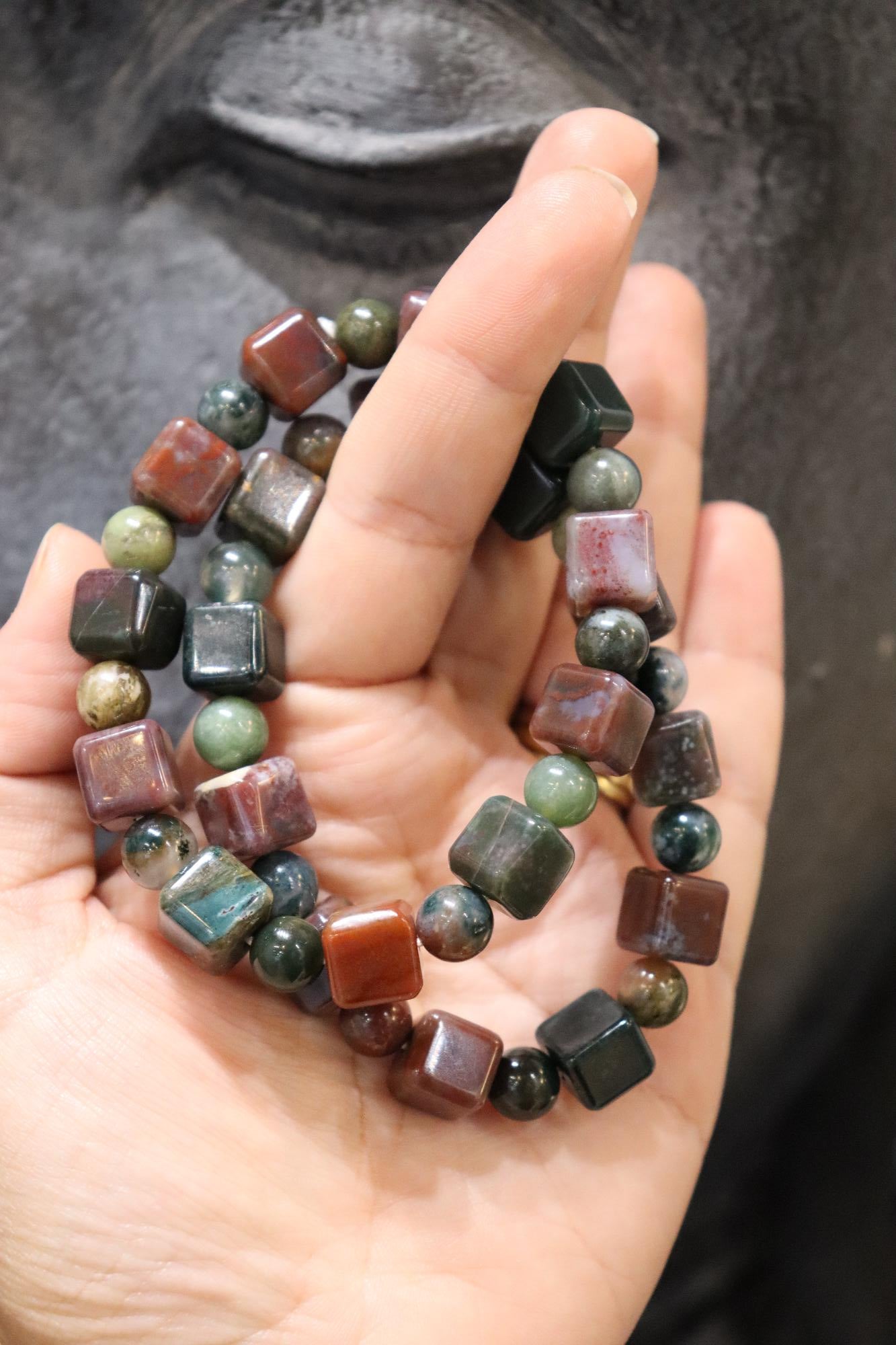 Ocean Jasper Cubed Bracelet | 8mm Round + 10mm Cube